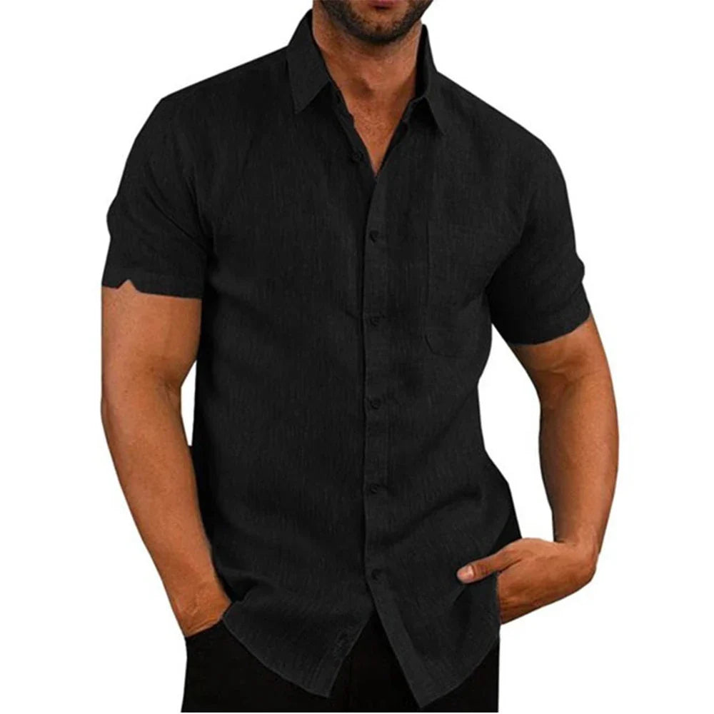 Camisa de manga curta em algodão e linho