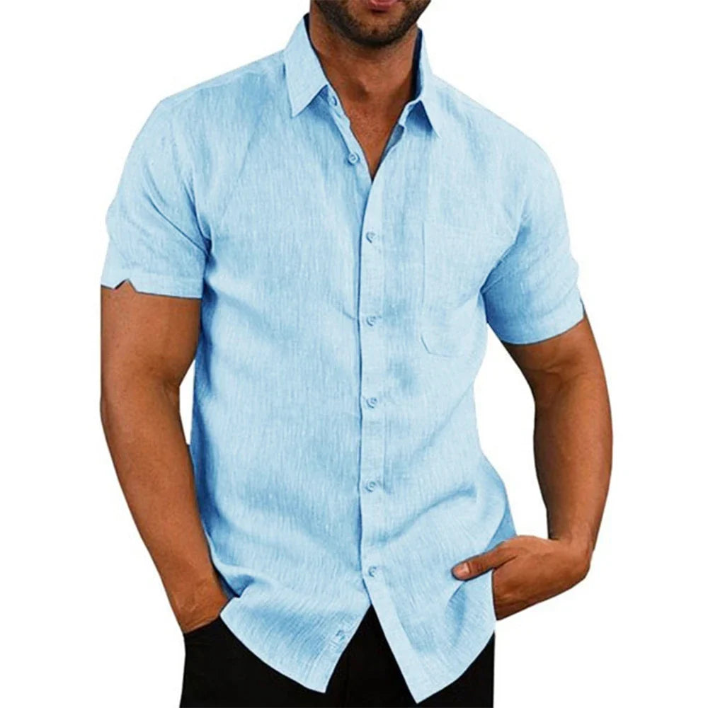 Camisa de manga curta em algodão e linho