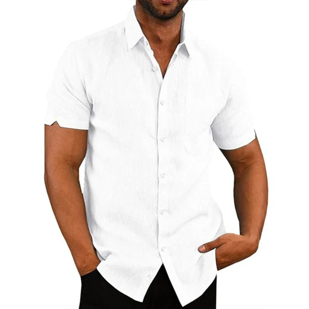 Camisa de manga curta em algodão e linho