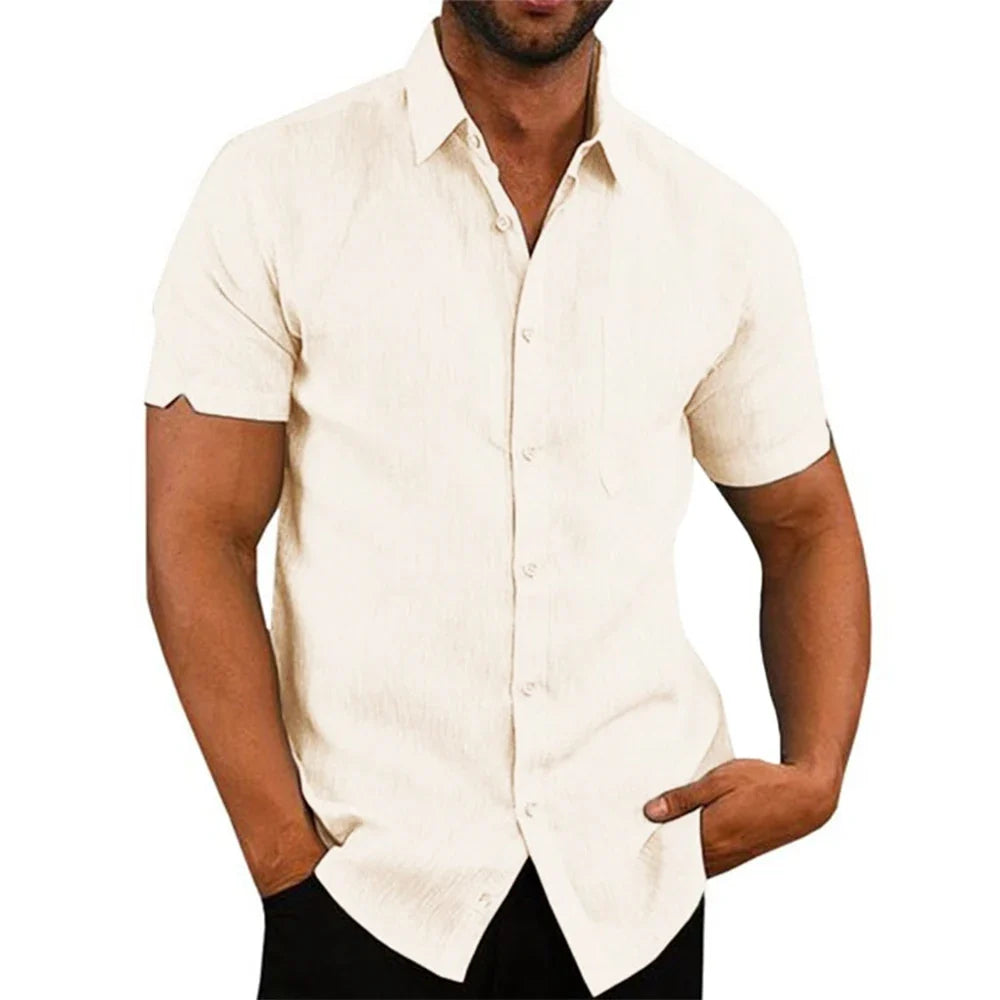 Camisa de manga curta em algodão e linho